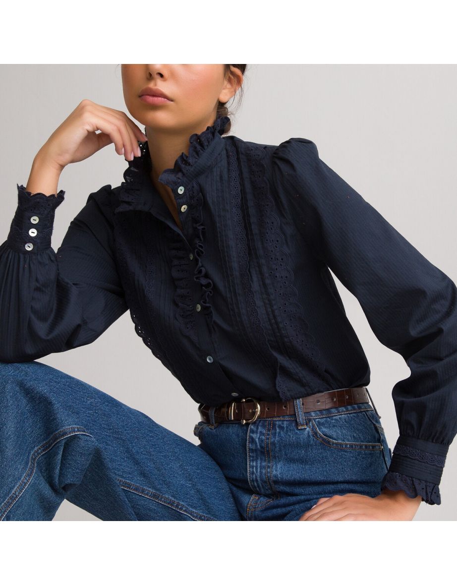 Cotton Ruffled Blouse with High Neck