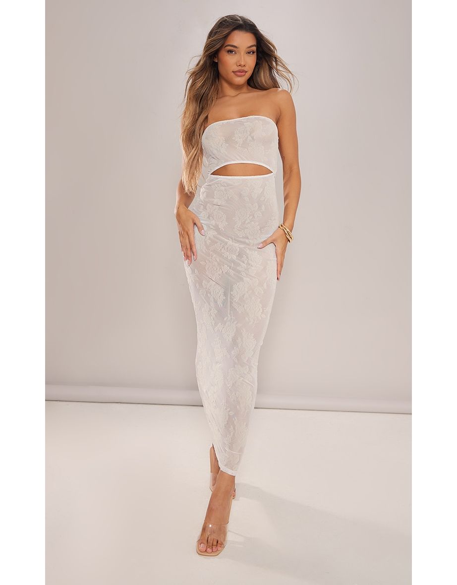 Cream Devore Mesh Panel Bandeau Maxi Dress