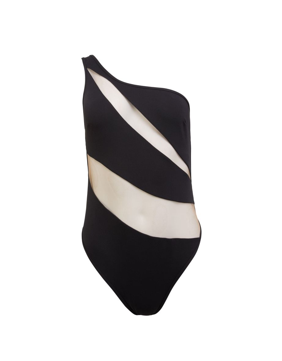Eloise Fuller Bust Black Asymmetric Swimsuit with Nude Mesh Inserts - 3