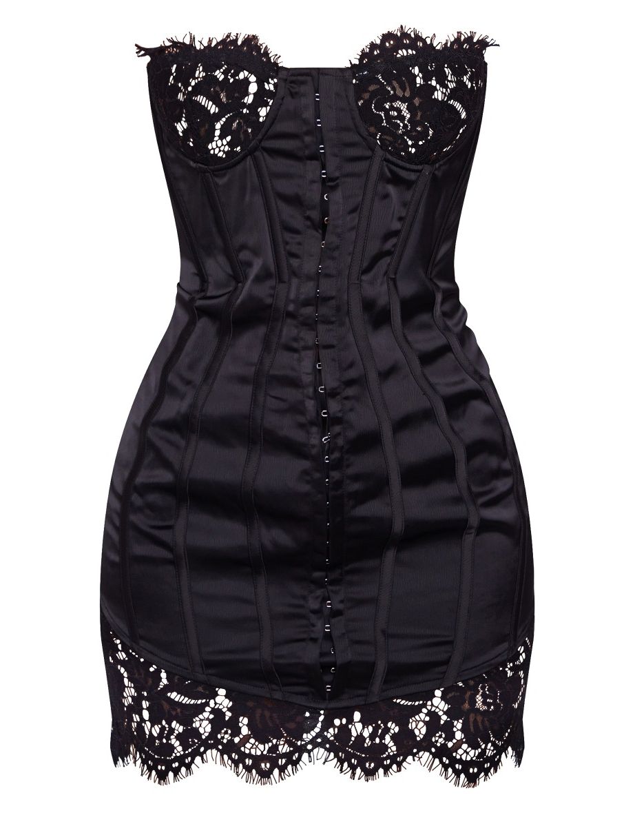 Black Lace Trim Satin Hook & Eye Detail Bandeau Bodycon Dress - 4
