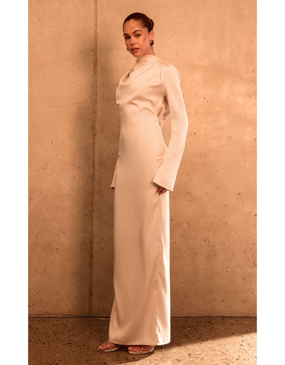 PLT Label Oyster Satin Cowl Back Maxi Dress