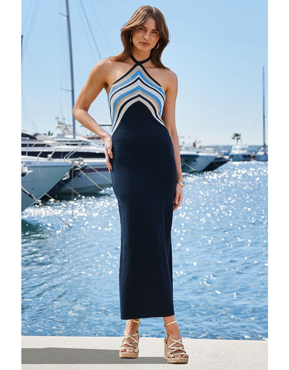 Blue Crochet Stripe Detail Halter Neck Maxi Dress