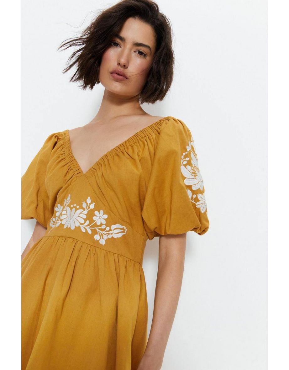Embroidered Puff Sleeve Mini Dress - 2