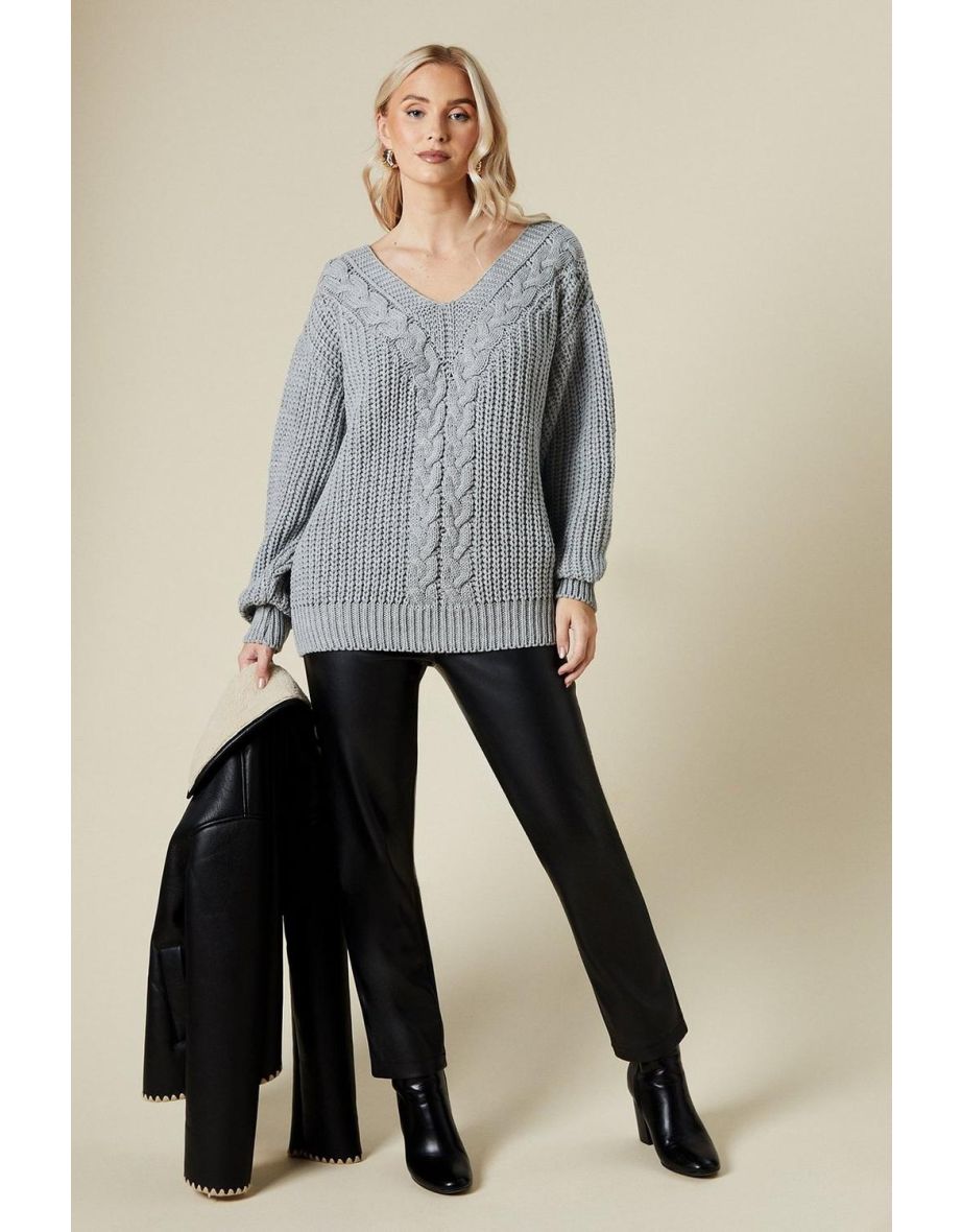 Cable Front V Neck Slouchy Jumper