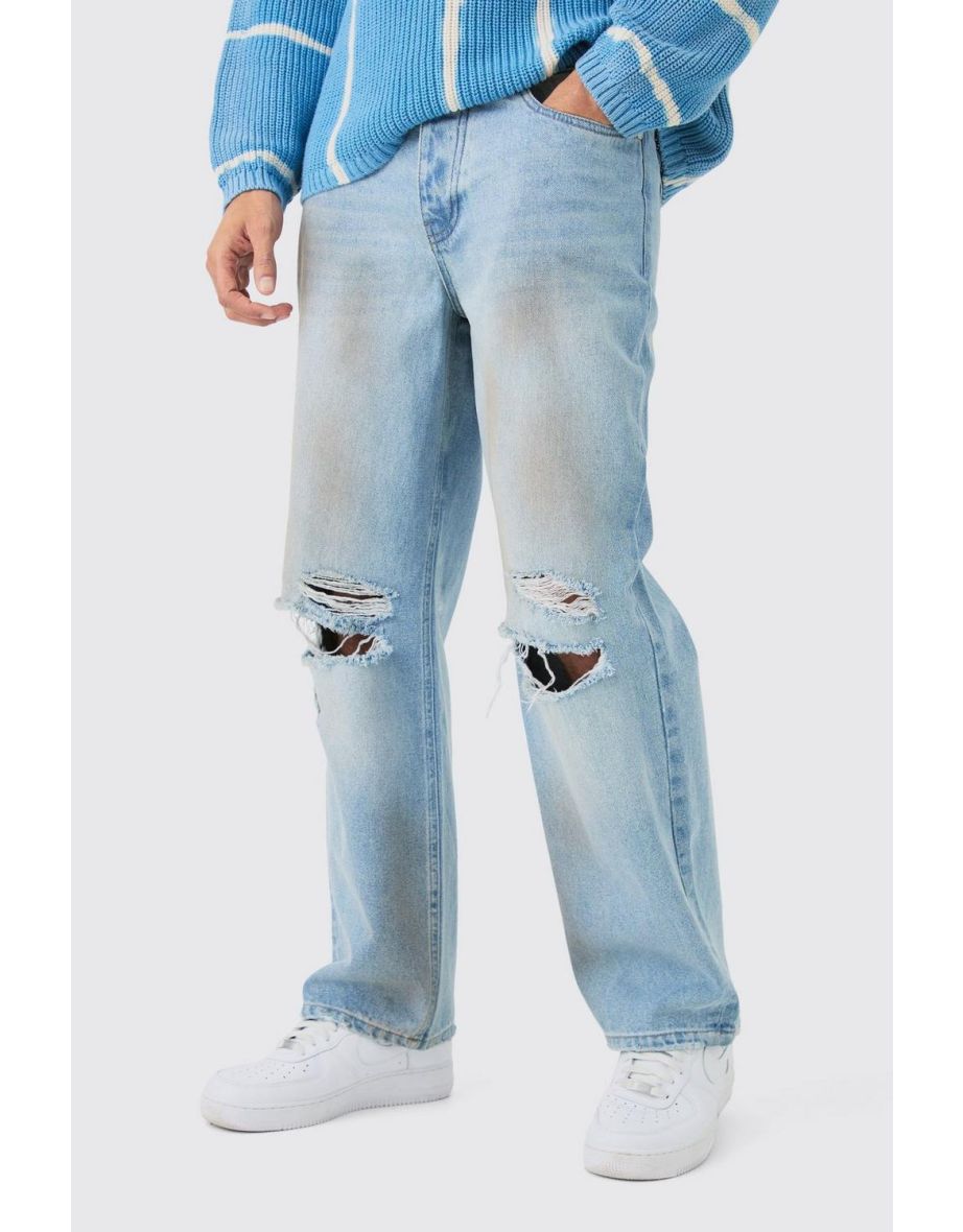 Baggy Rigid Ripped Knee Dirty Wash Jeans In Light Blue - light blue