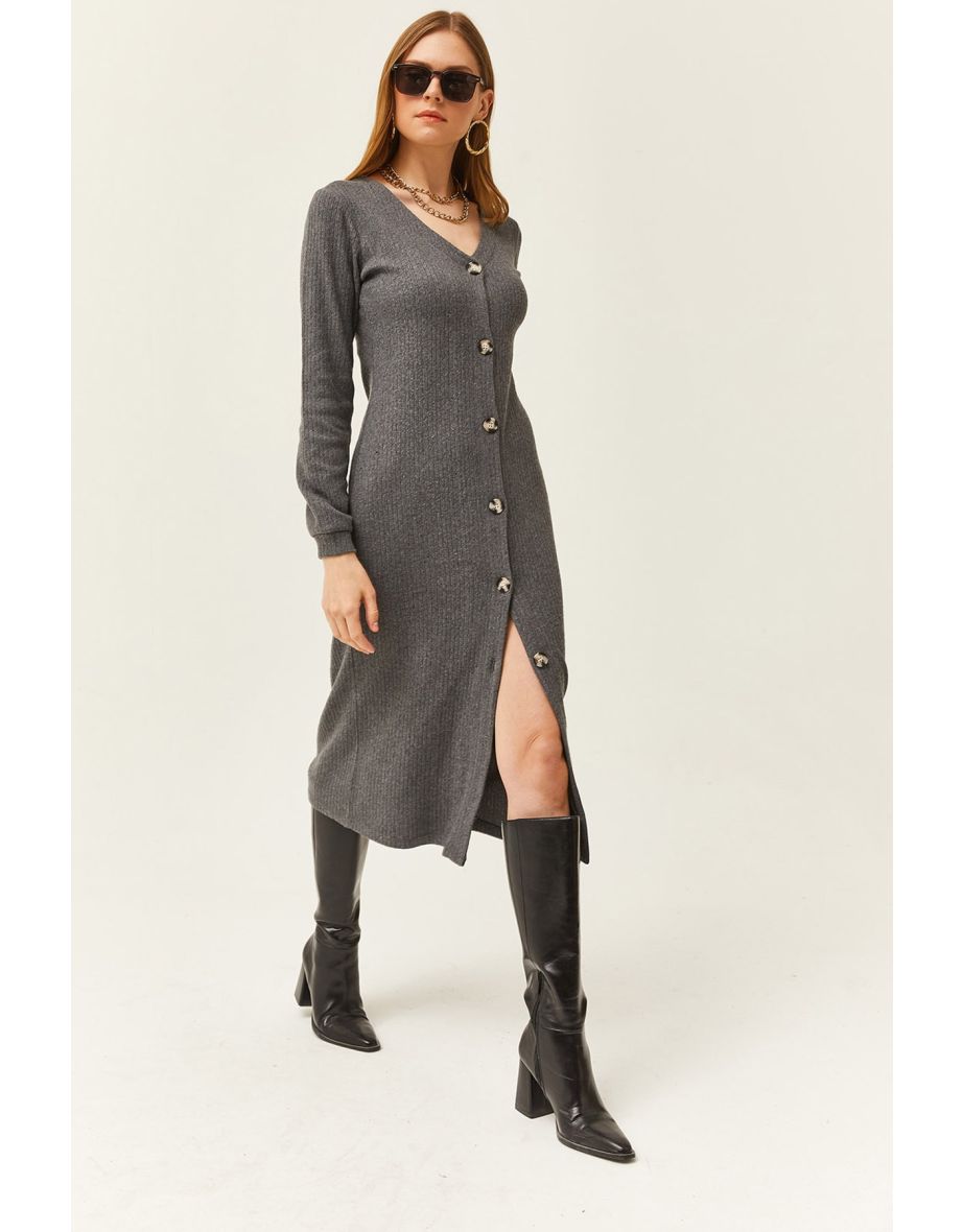 Women's Smoky V-Neck Buttoned Thick Ribbed Midi Dress