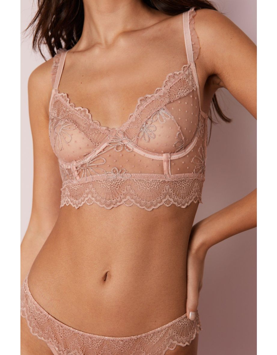 Embroidered Daisy Polka Dot Underwire Scallop Lingerie Set - 2