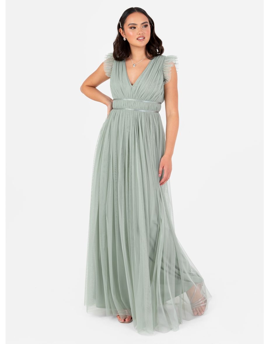 Anaya With Love Recycled Tulle Frosty Green V Neck Flutter Sleeve Maxi Dress