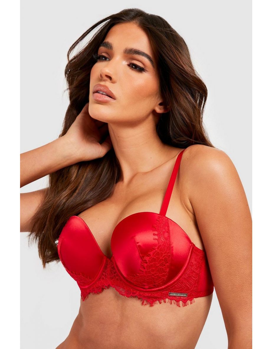 Satin & Lace Super Push Up Bra - red - 2