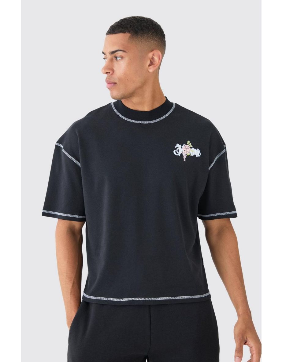 Oversized Boxy Large Scale Limited Print Contrast Stitch T-shirt - black