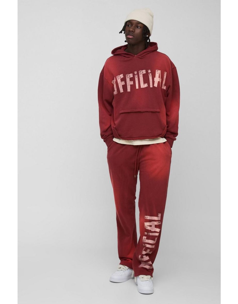 Oversized Boxy Official Washed Distressed Pocket Tracksuit - burgundy