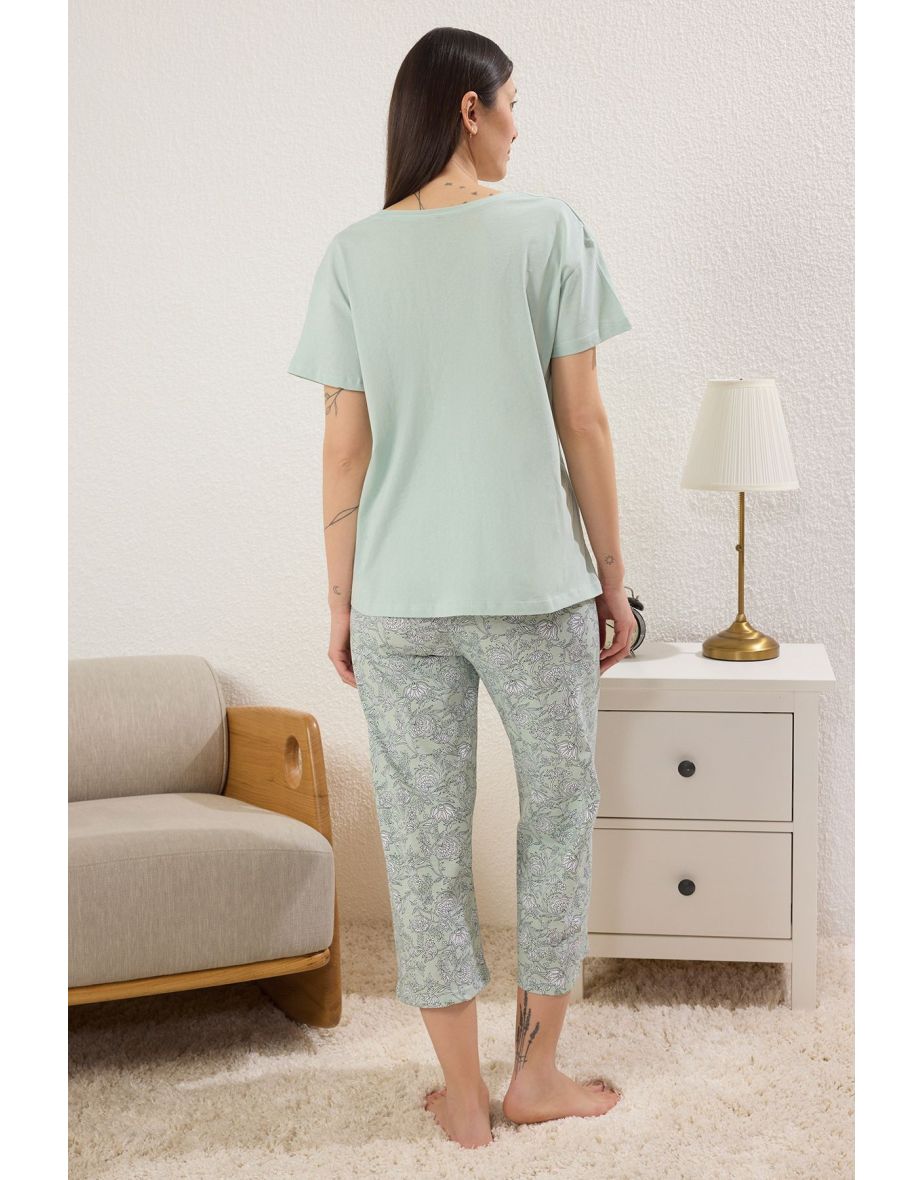 Green Floral Capri Knitted Pajama Set - 3