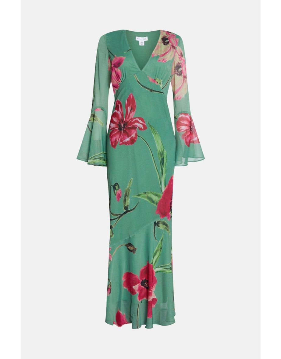 Floral Printed V Neck Fluted Sleeve Maxi Dress - 3
