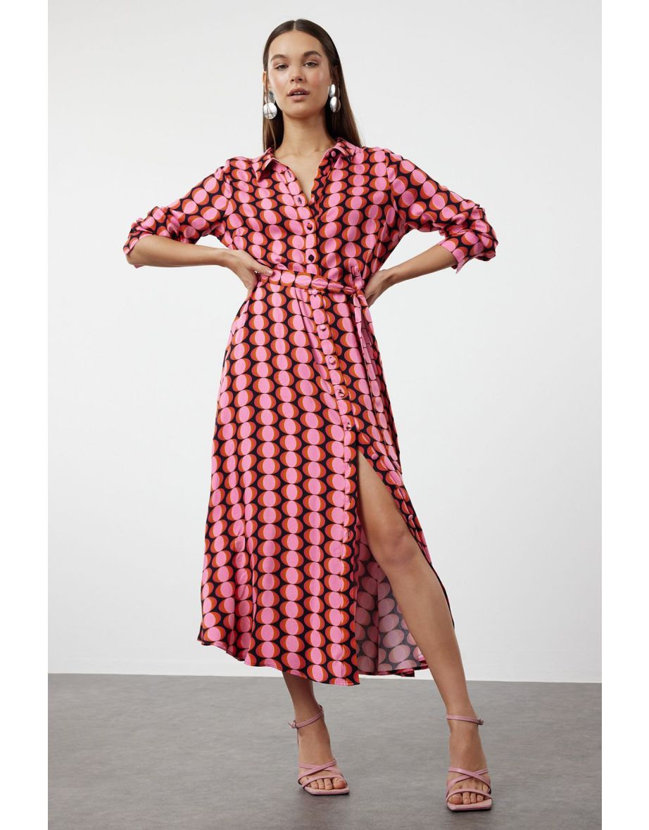 Multicolored Retro Patterned Woven Shirt Dress