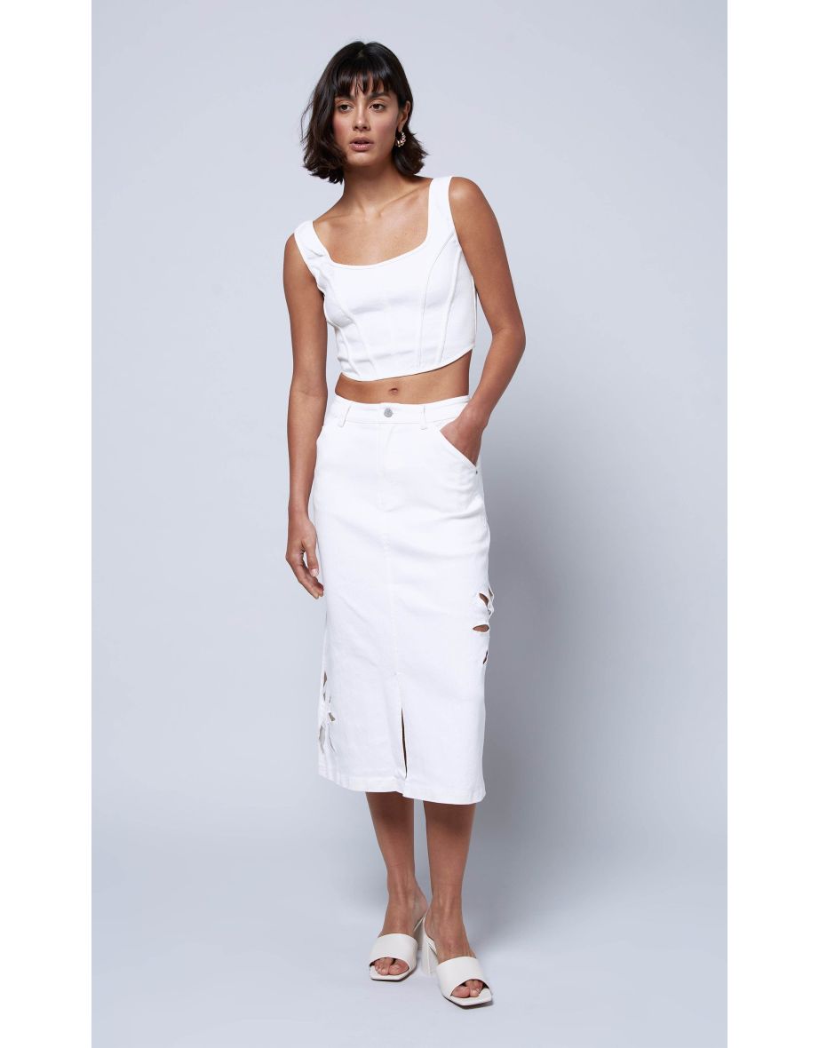 Ivory Recycled Twill Corset Top with Cutwork Detail