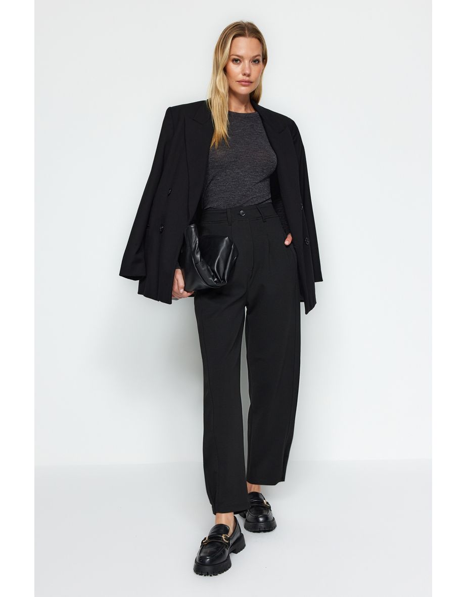 Black Pleated Wide/Casual Cut High Waist Carrot Fit Interlock Knitted Pants