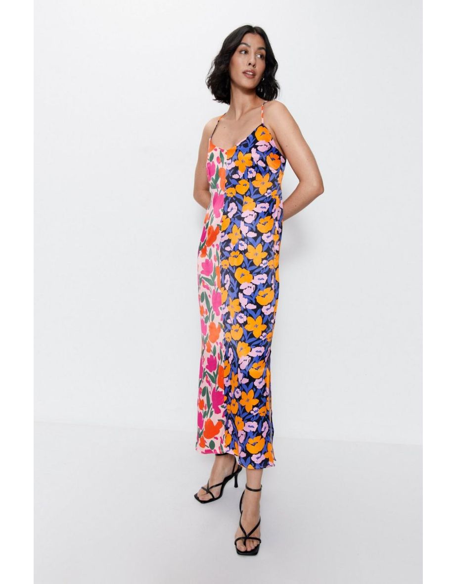 Splice Floral Satin Strappy Dress