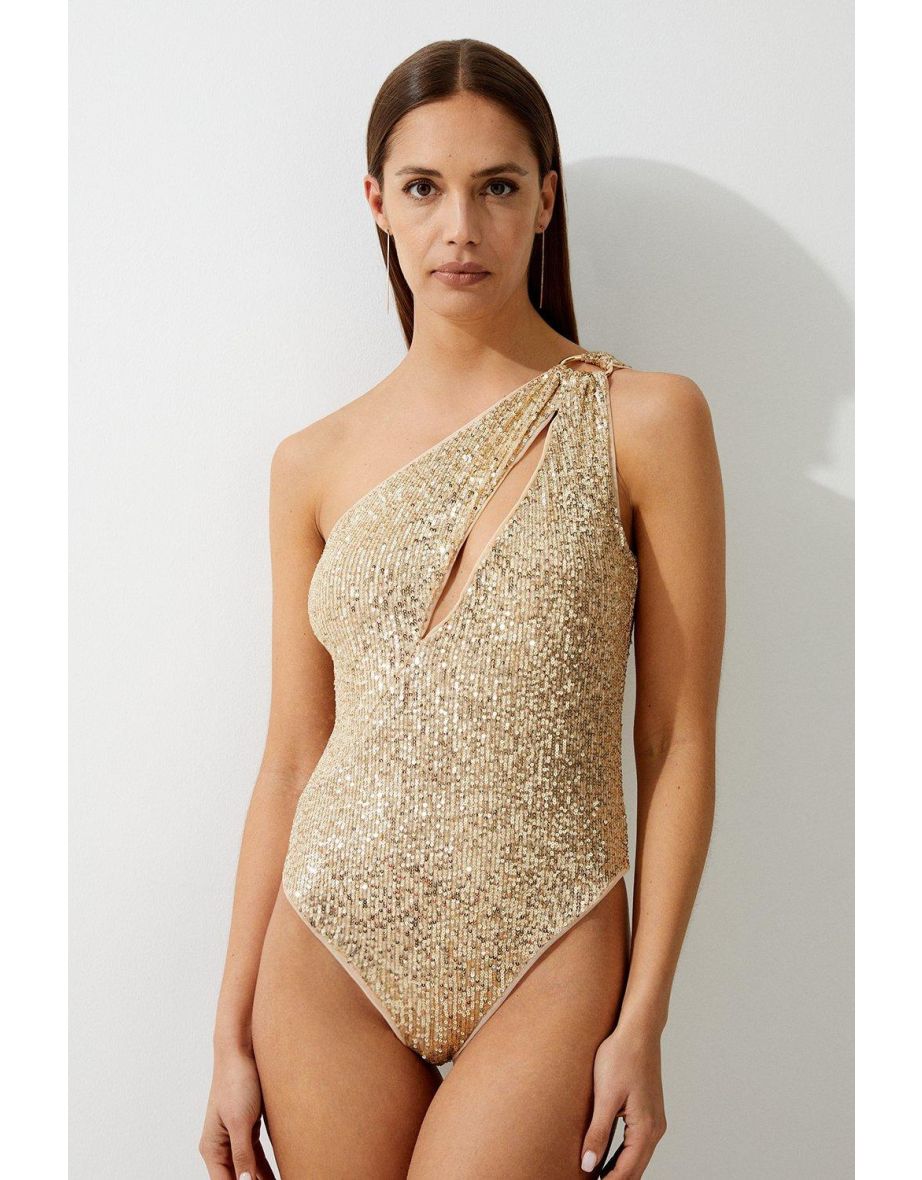 Sequin Cut Out Asymmetric Thong Swimsuit