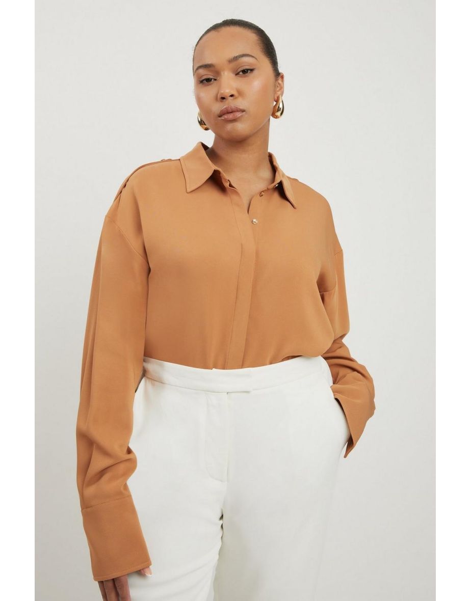 Plus Size Viscose Crepe Long Sleeve Collared Shirt