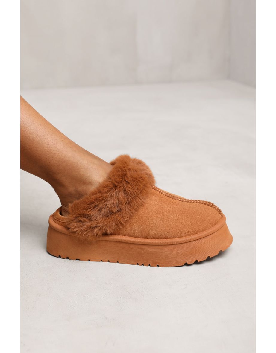 MAYA SLIDE ON Slipper WITH FAUX FUR LINING IN CAMEL - 1