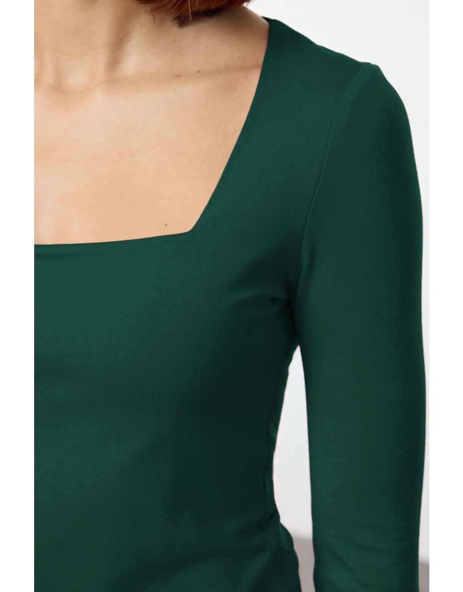 Emerald Green Cotton Square Collar Regular Fit Knitted Thin top - 4