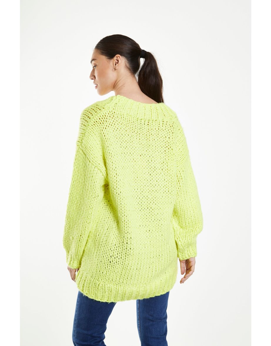 Glamorous Neon Lime Oversized V-Neck Jumper - 2