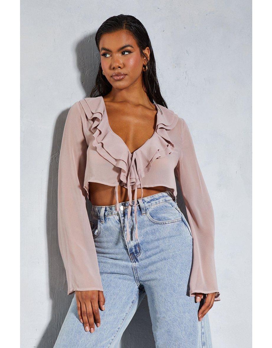 Chiffon Frill Layered Flute Sleeve Cropped Blouse - 3