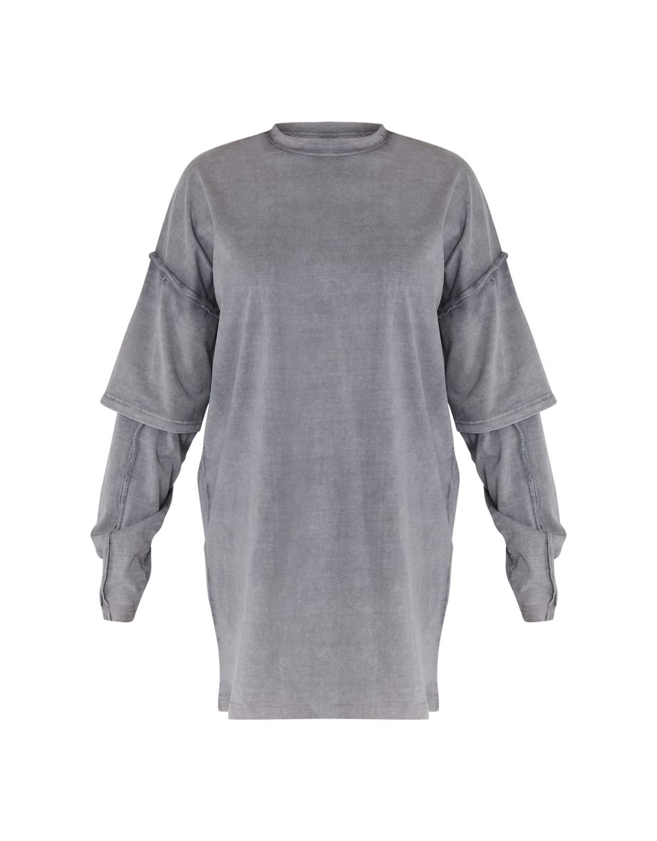 Grey Acid Wash Exposed Seam Long Sleeve T Shirt Dress - 4