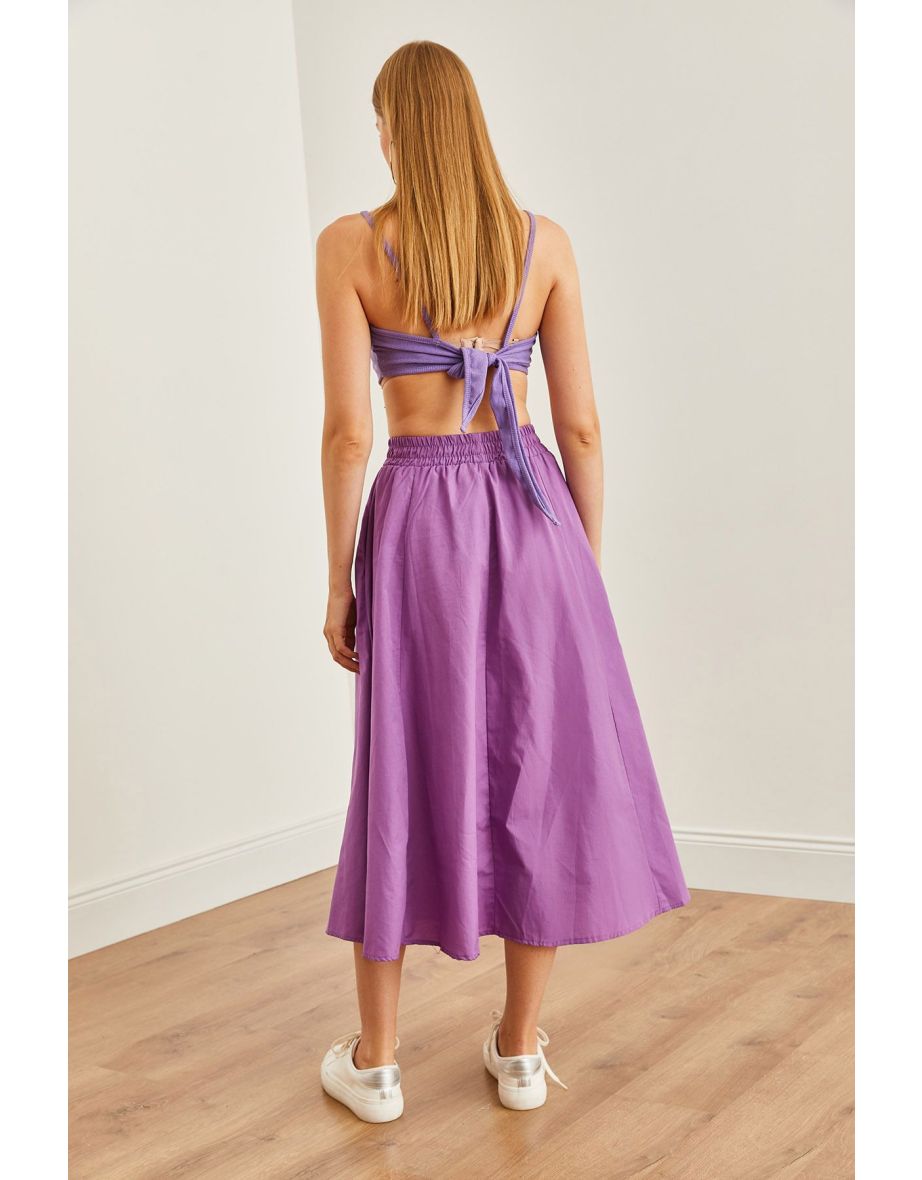 Women's Purple Pocket Elastic Waist Midi Woven Bell Skirt - 6