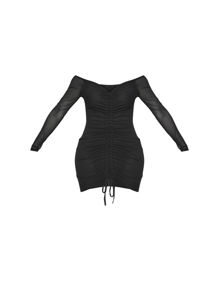 RECYCLED Shape Black Mesh Ruched Bardot Bodycon Dress - 4