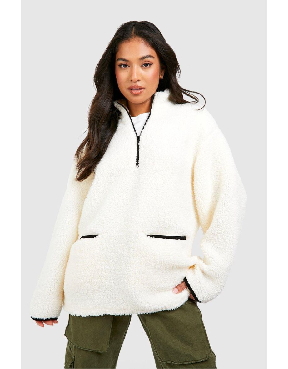 Petite Borg Contrast Half Zip Sweater - ecru