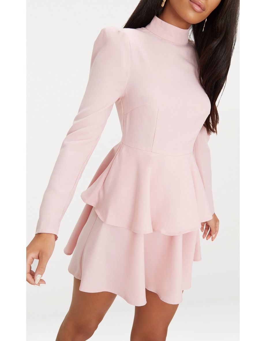 Dusty Pink High Neck Tiered Skater Dress - 3