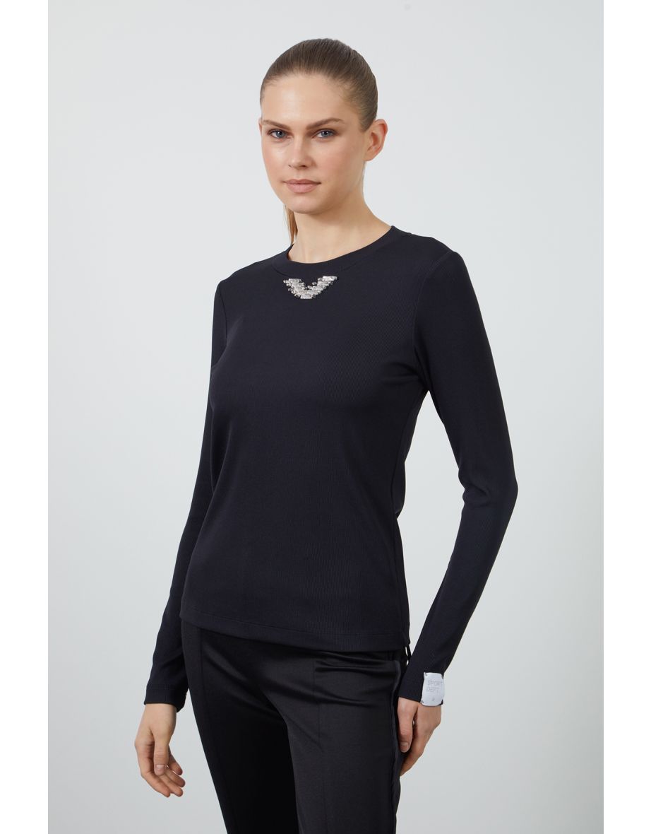 Black Blouse with Cuff Label and Embellished Collar