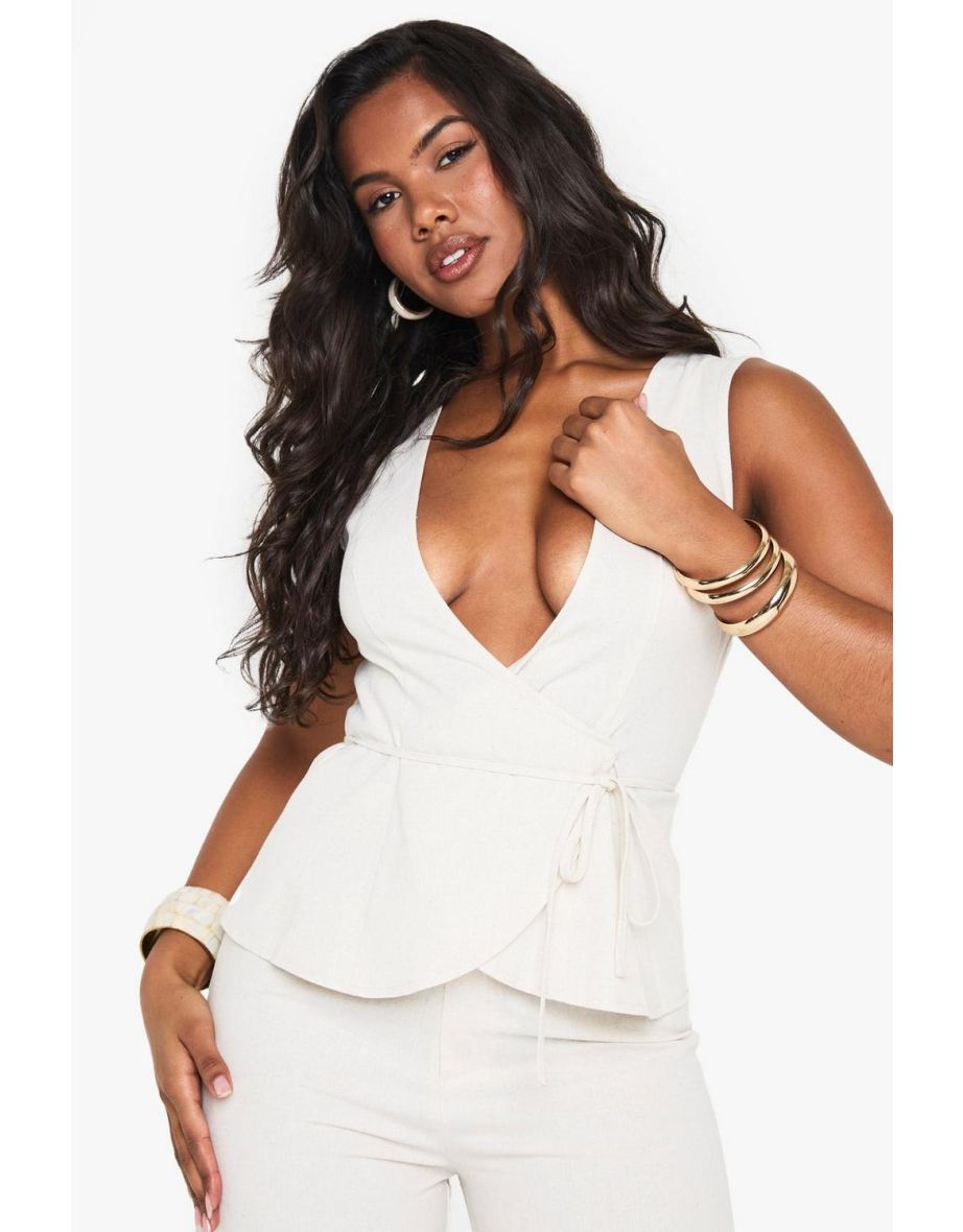 Linen Look Wide Leg Plunge Jumpsuit - stone - 3