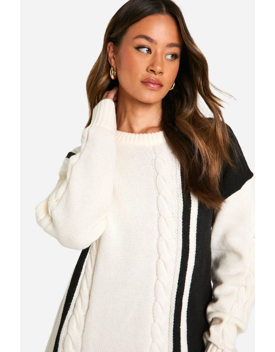 Tall Cable Knit Panel Detail Jumper Dress - cream - 3