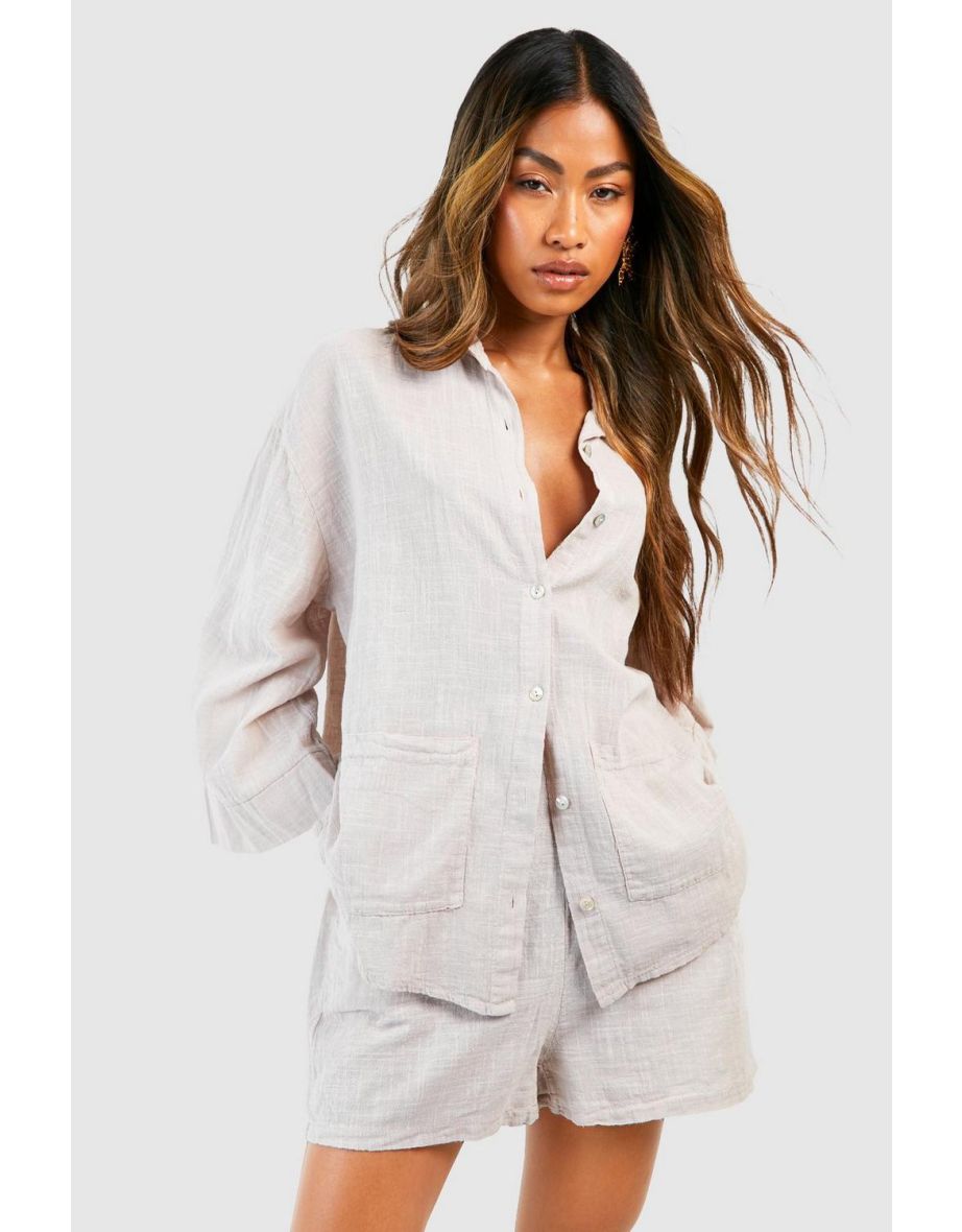 Textured Lightweight Cotton Oversized Shirt - natural