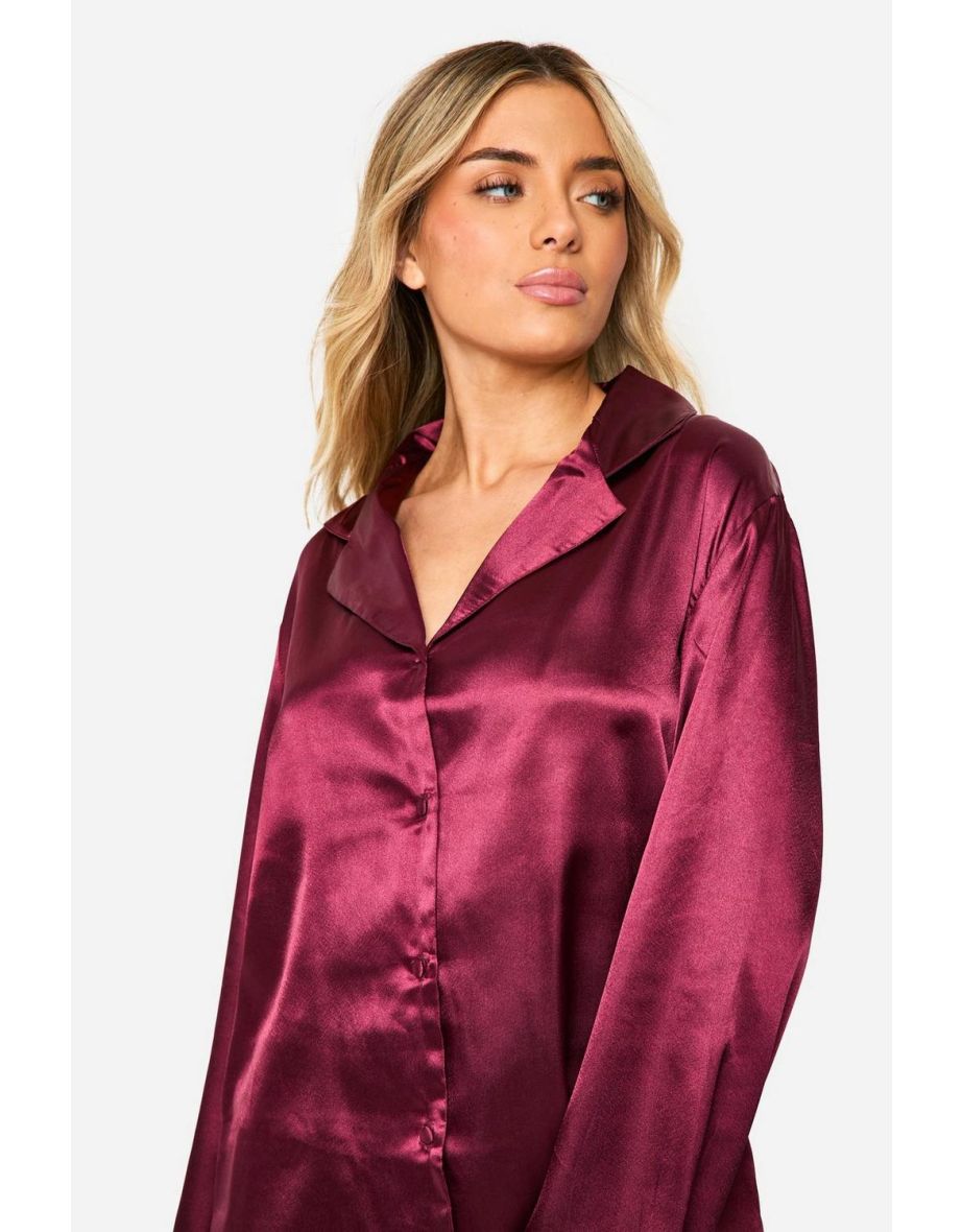 Satin Button Through Shirt & Shorts Pyjama Set - burgundy - 3