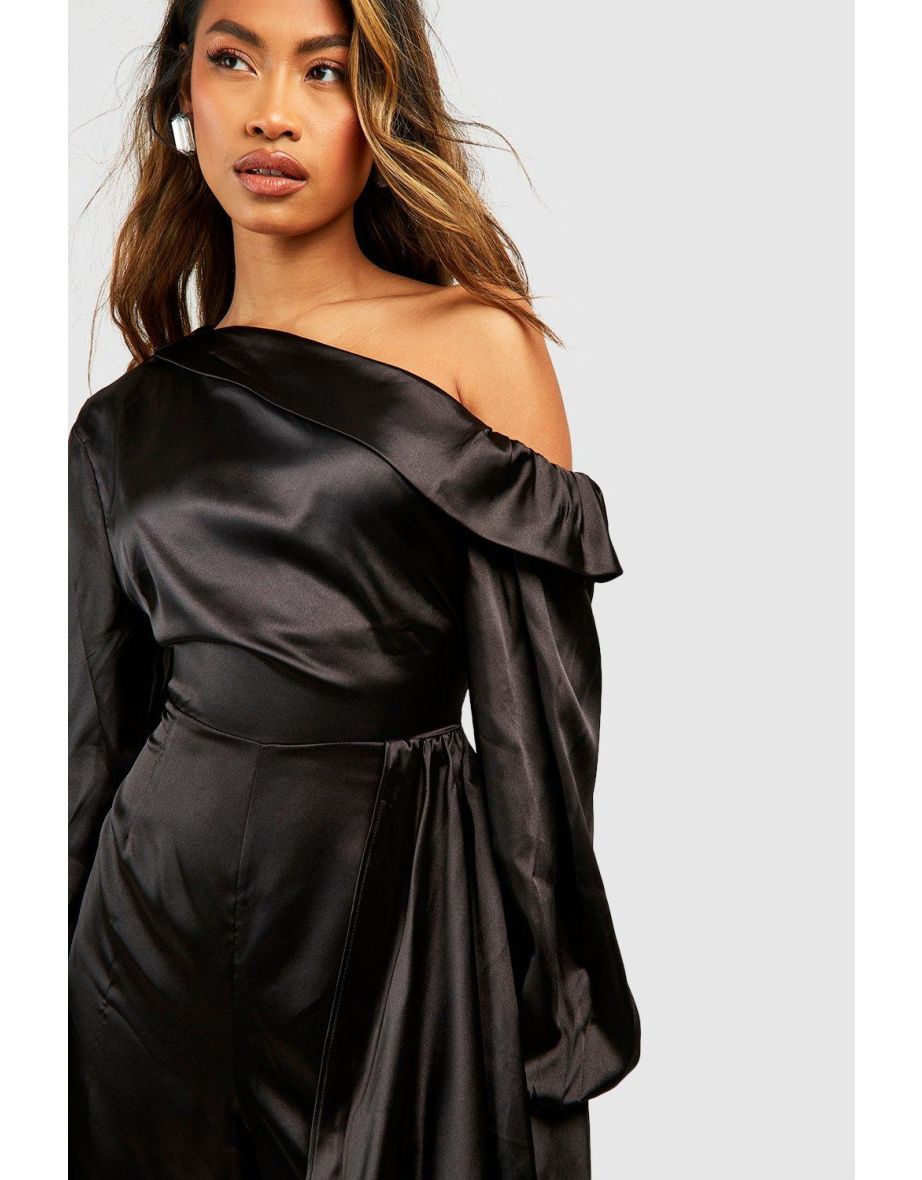 Satin One Shoulder Wide Leg Jumpsuit - black - 3