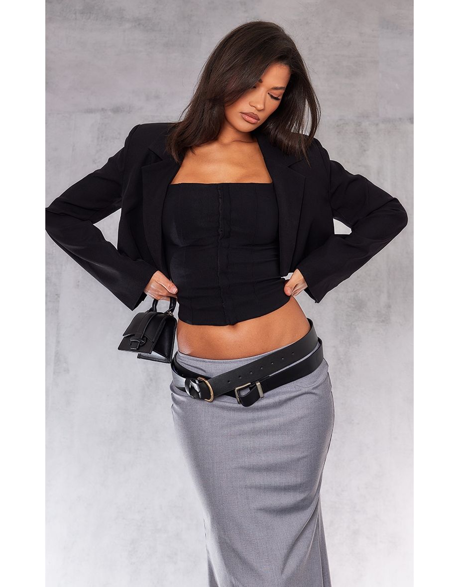 Dark Black Woven Square Neck Hook And Eye Long Top