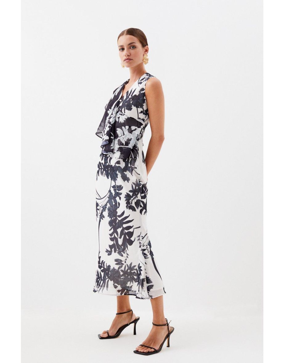 Petite Mono Floral Georgette Ruffle Front Midi Dress - 2