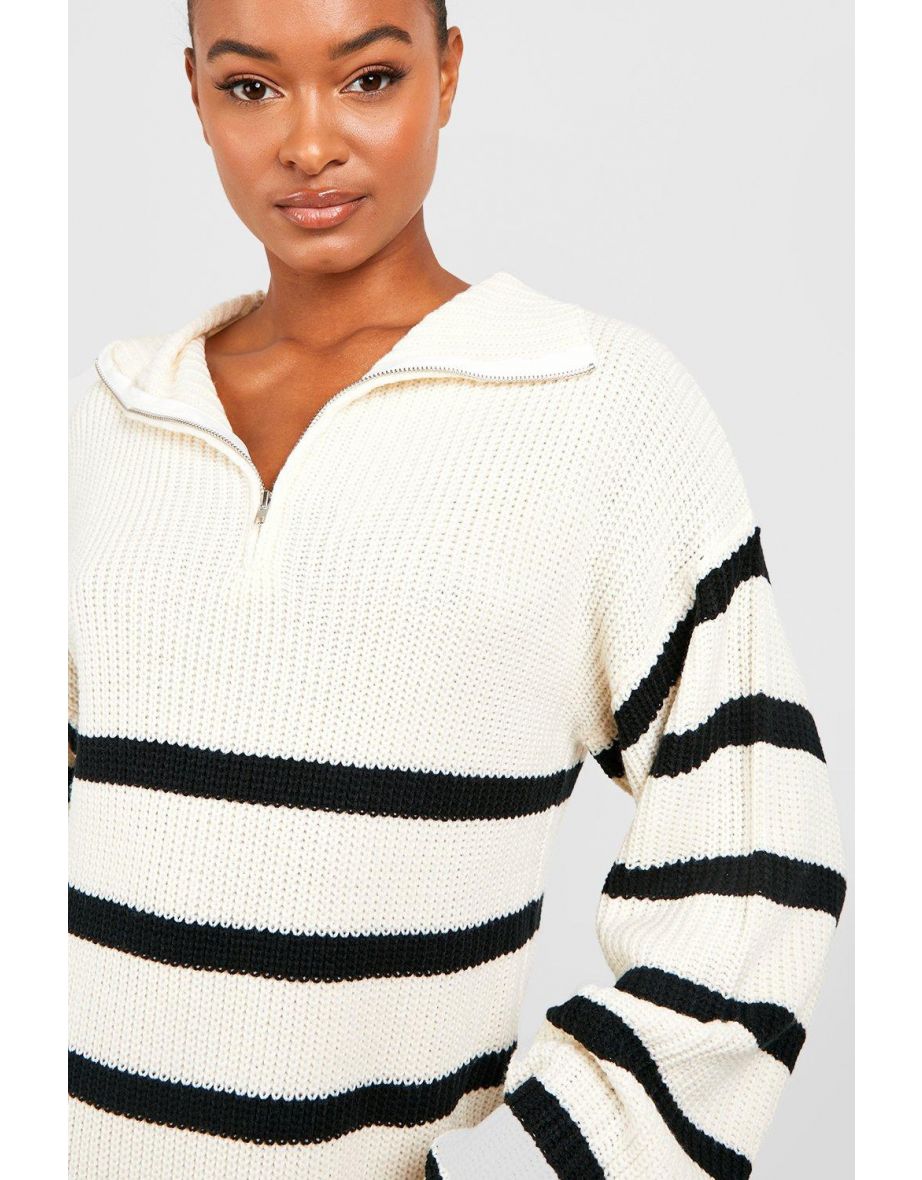 Tall Half Zip Striped Jumper Dress - stone - 3
