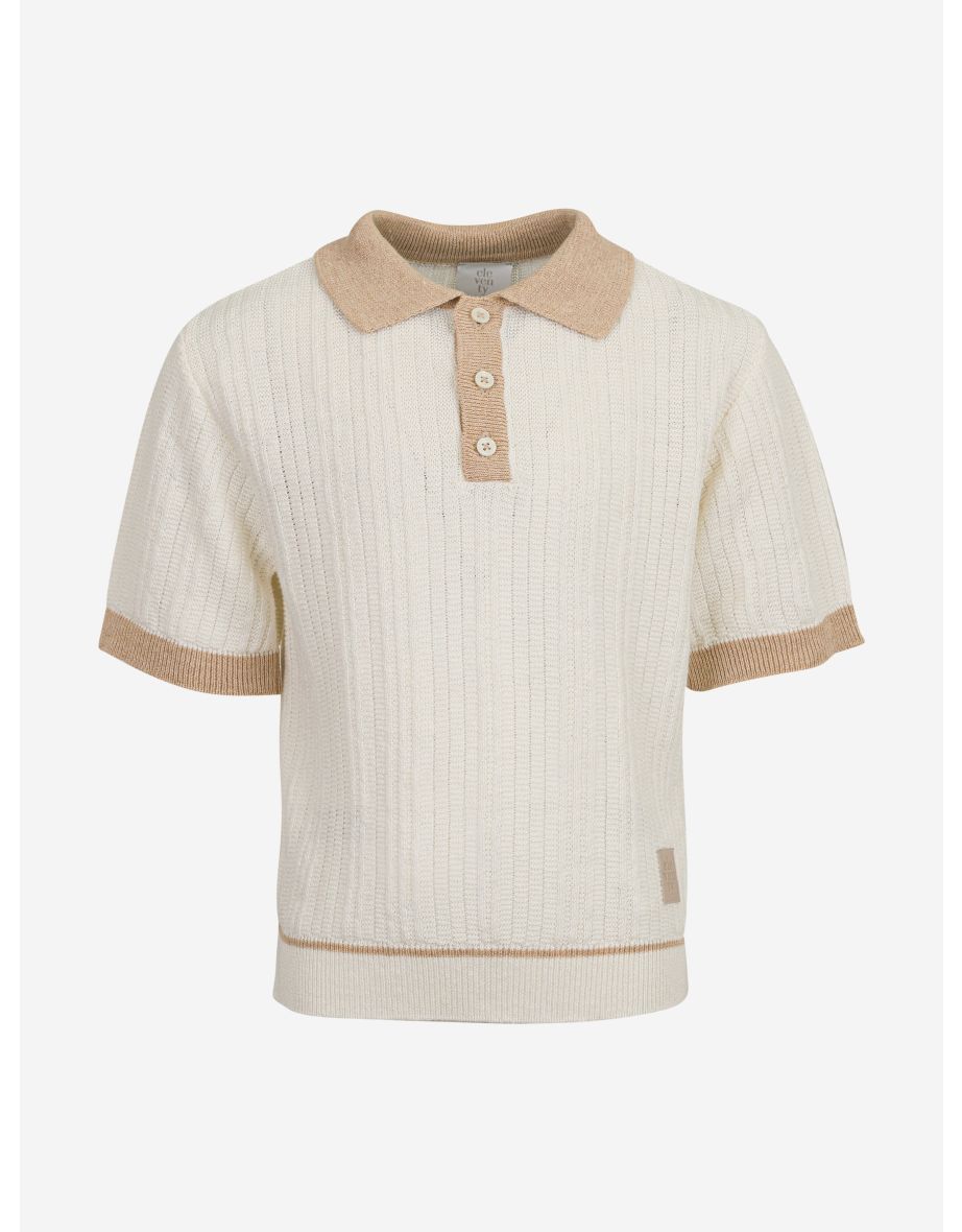 Boys Linen Knitted Polo Shirt in Ivory