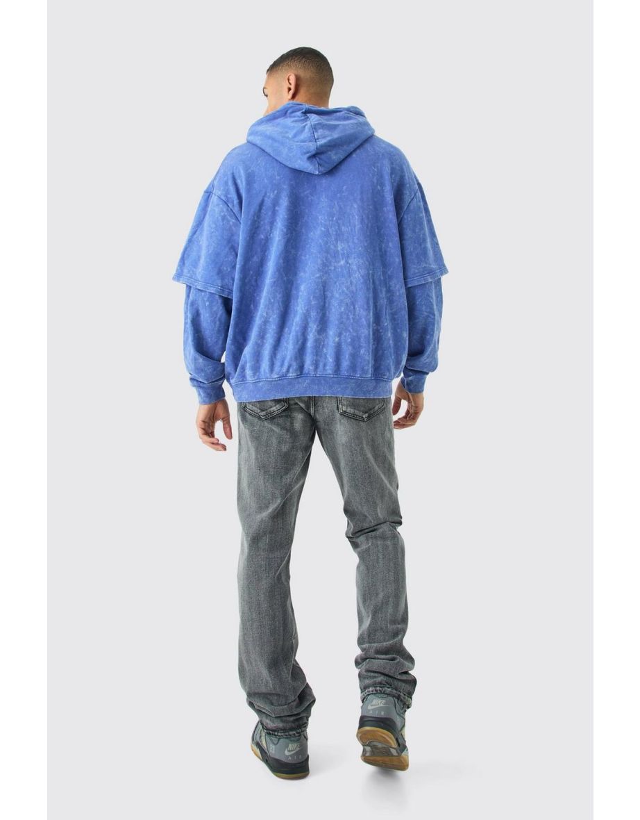 Oversized Faux Layer Acid Wash Embroidered Hoodie - denim-blue - 2