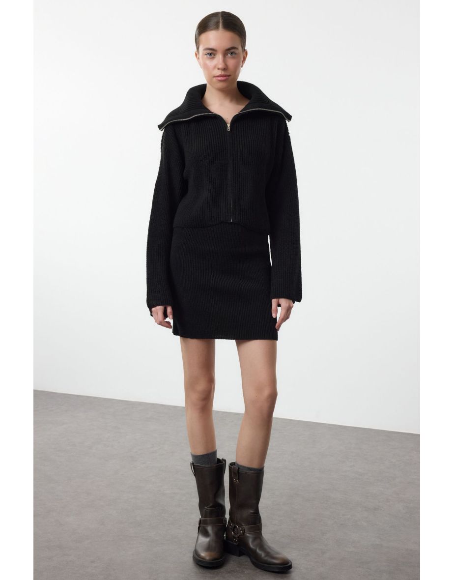 Black Turn-down Collar Knitwear Top-Bottom Set