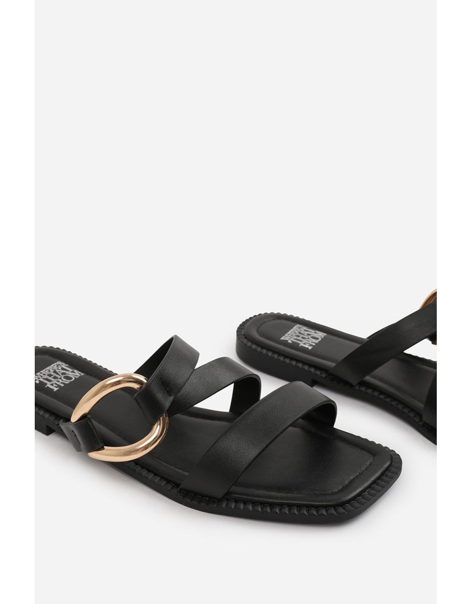 JAIME FLATFORM SANDAL WITH STYLISH METAL MULTI STRAP DETAIL IN BLACK FAUX LEATHER - 4