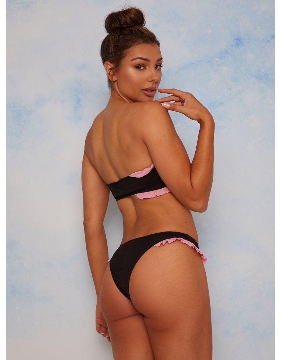Frill Trim Bandeau Bikini Top in Black - 3