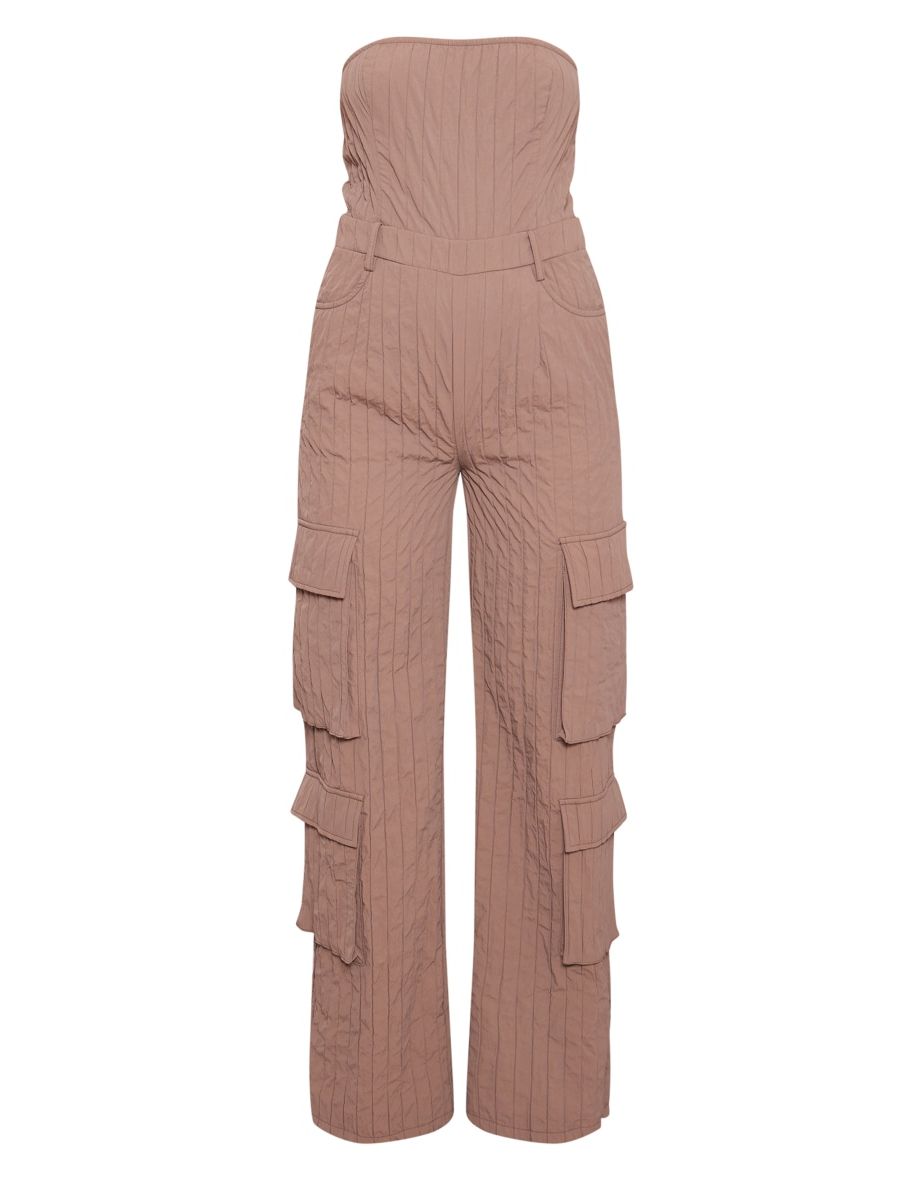 Taupe Padded Textured Bandeau Pocket Jumpsuit - 4