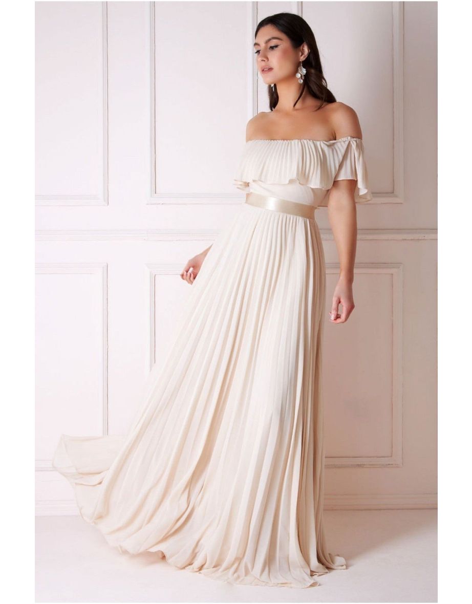 Goddiva Pleated Chiffon Off Shoulder Maxi Dress - Ivory