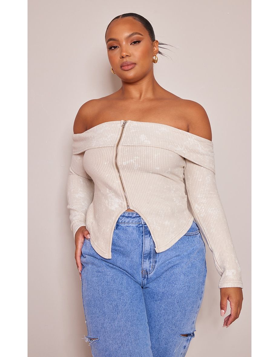 Plus Stone Acid Washed Foldover Bardot Top