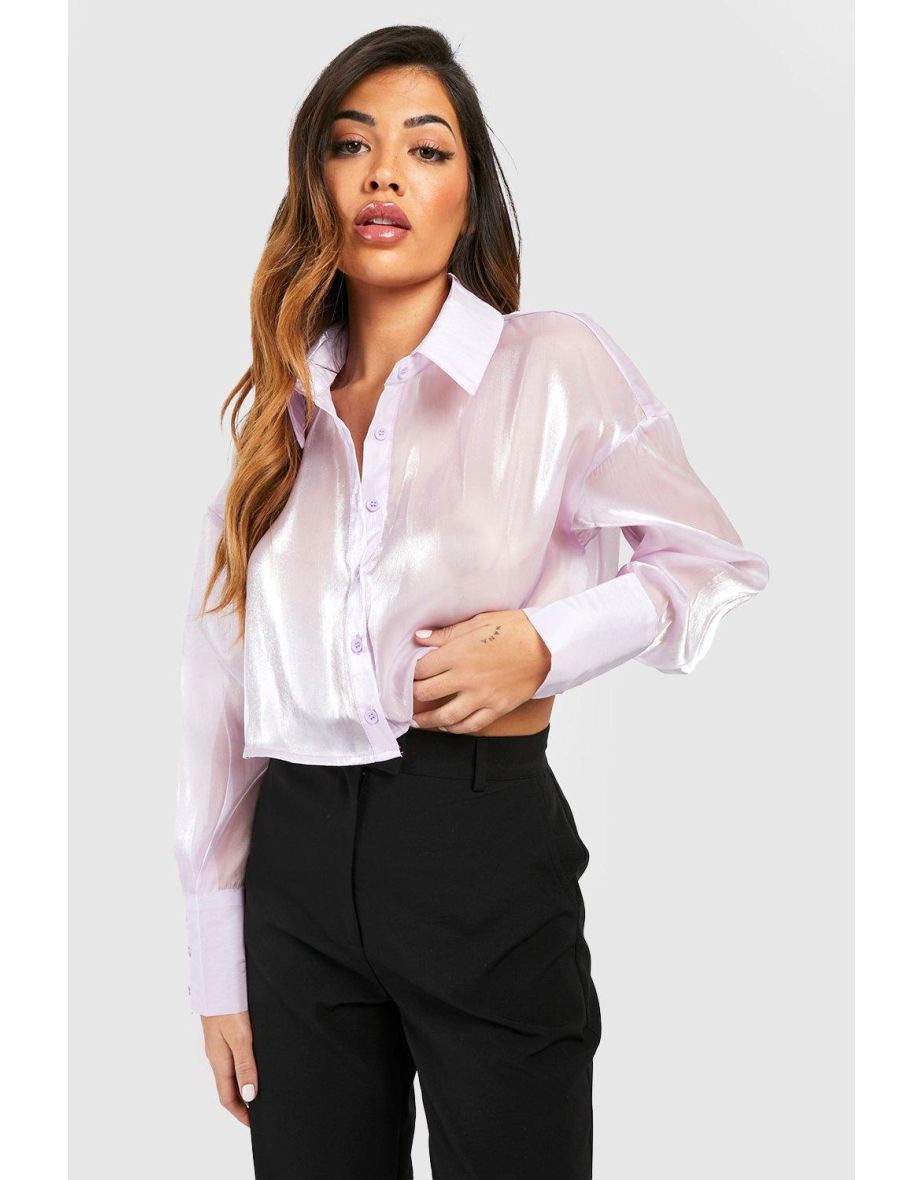 Shimmer Fabric Deep Cuff Boxy Cropped Shirt - lilac - 3